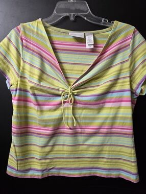 Liz Claiborne Yellow Pink Blue Striped Tie-Front Crop Top